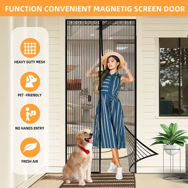 Black Hands-free Magnetic Door Curtain, Breathable And Mosquito-proof For Summer, Self-adhesive With No Tools Needed, Automatic Magnetic Closure, Pet-friendly, Ideal For Living Room, Bedroom, Balcony
