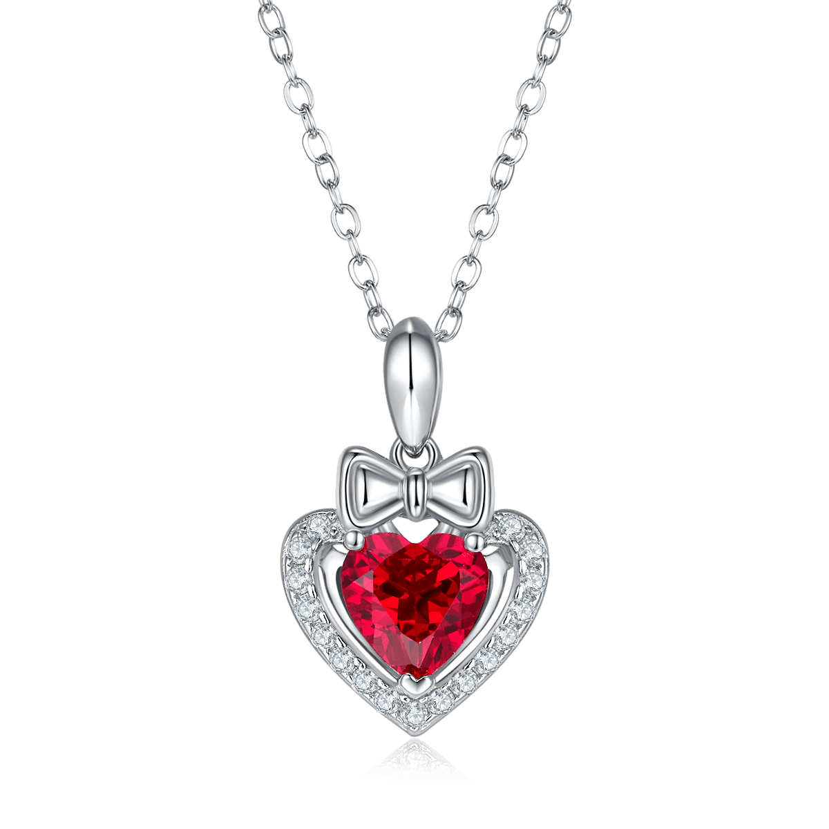 S925 Silver 3g Platinum Plated 1.56ct Lab-Created Ruby Heart Necklace, 7mm Pendant, 40&5cm