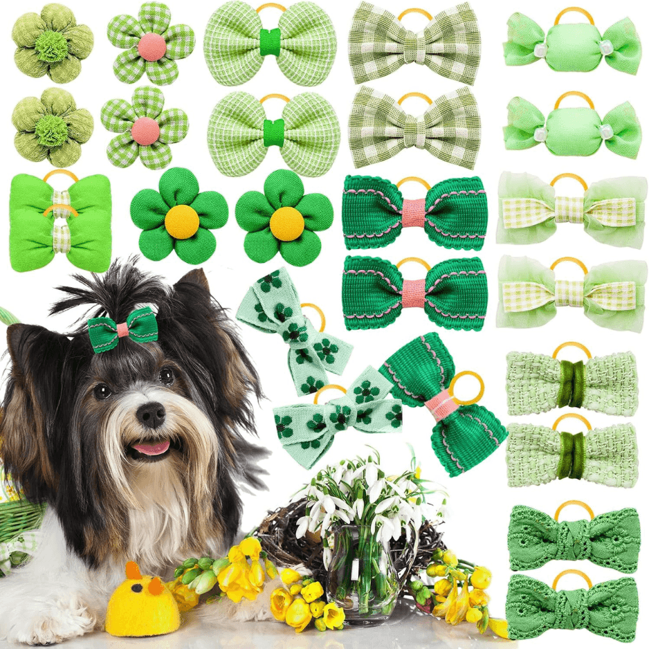 20Pcs Green Dog Hair Bows With Rubber Bands For Small Medium Dogs
