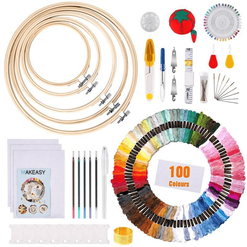 Embroidery Kit & Cross Stitch Kits For Adults Beginners Complete 205PCS Set With 100 DMC Threads, 5 Bamboo Hoops, 3 Aida Fabrics, Tools & Guide - Perfect Cross Stitch, Embroidery Gift For Adults & Kid