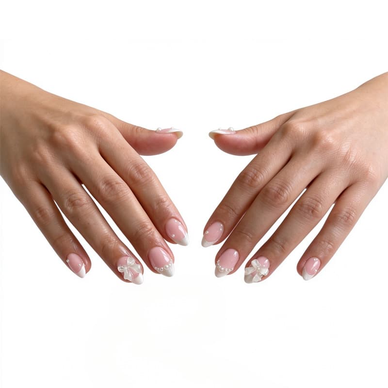 24Pcs Short Oval Press On Nails, White French Tip Fake Nails With 3D Bow & Pearl Decor, Reusable Acrylic False Nails For Women, Comes With Nail Glue Stickers