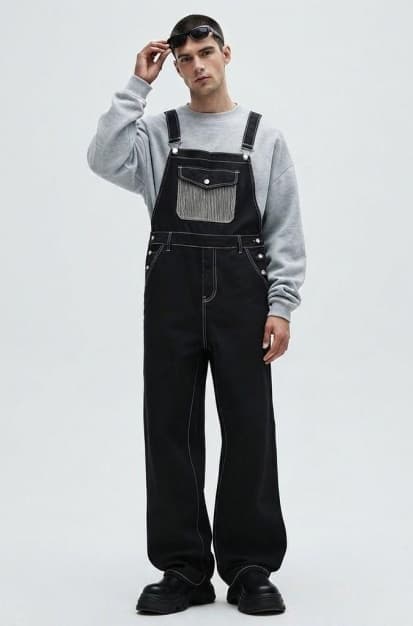 Black Denim Overalls Men Asymmetric One Shoulder Baggy Wide Leg Streetwear Jumpsuit US Ready Stock