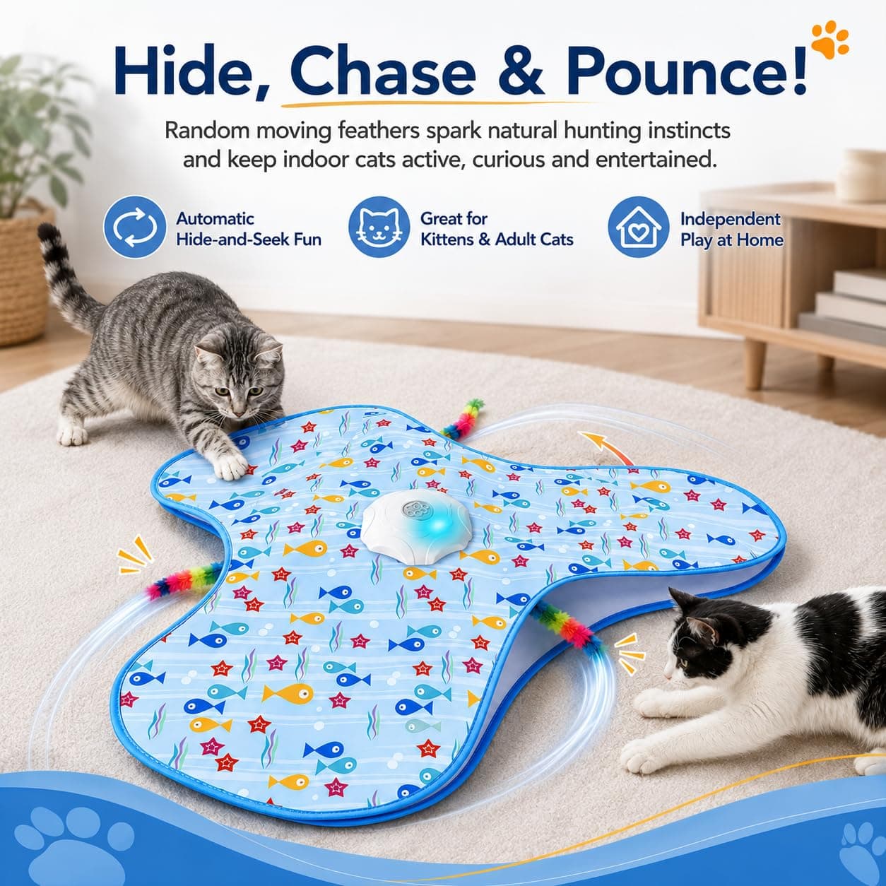 Interactive Cat Toys For Indoor Cats, Hide And Seek, 3 Smart Modes, 1200mAh Touch Activated,  Auto Sleep Wake, Realistic Mouse Sounds, Double-Tap Mute, Moving Plush Tail