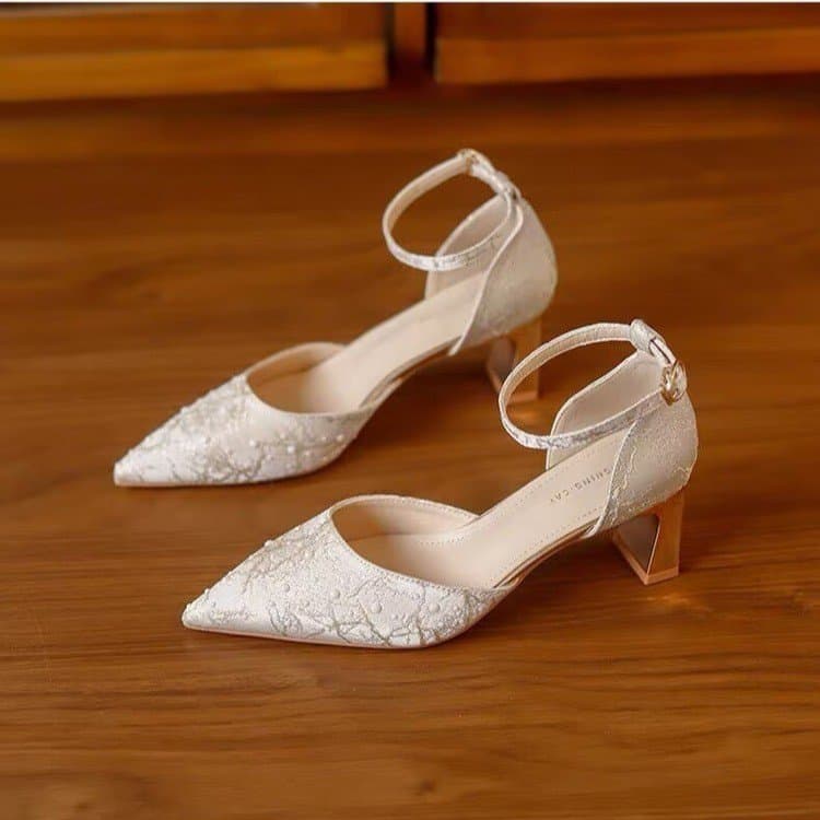 Women Pointed Toe Pearl Ankle Strap Block Heel Sandals