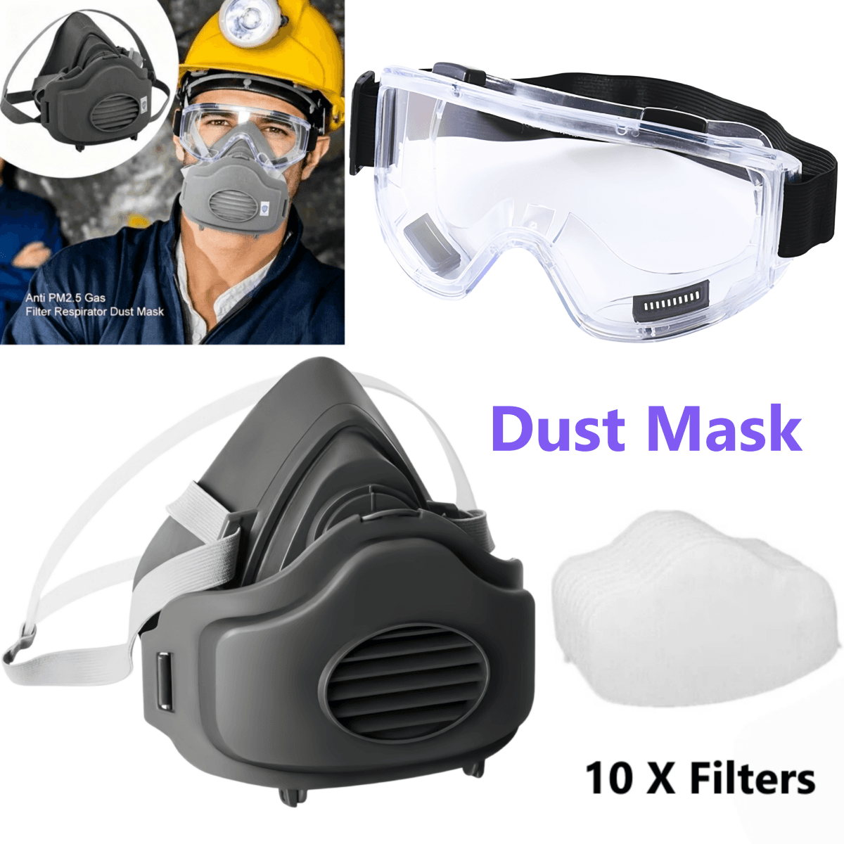 Half Face Respirator Gas Mask Facepiece Spray Painting Safety Glasses For 3200 With 10 Replaceable Filters And Anti-fog Goggles