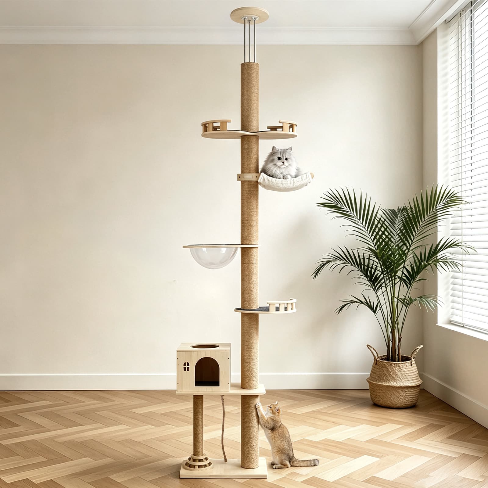 Floor-to-Ceiling Cat Tree With Natural Sisal Rope Scratching Post - Adjustable Height Modern Cat Activity Tree, Cat Scratcher Post