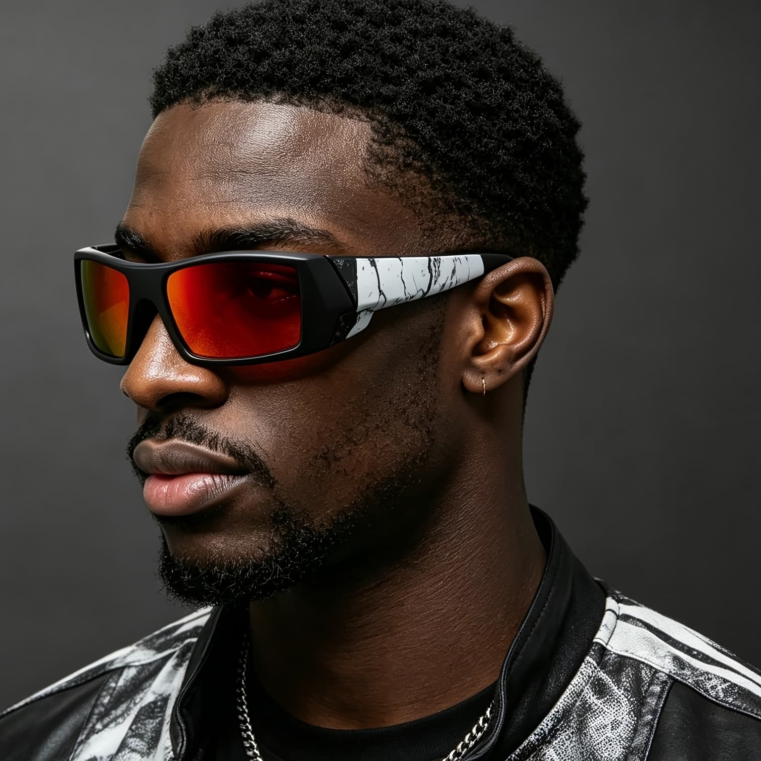Wraparound Rectangular Sunglasses, Red Mirrored Lens Eyewear, Crack Printed Temple Suitable For Cycling, Fishing, Beach Travel And Daily Outdoor Activities.