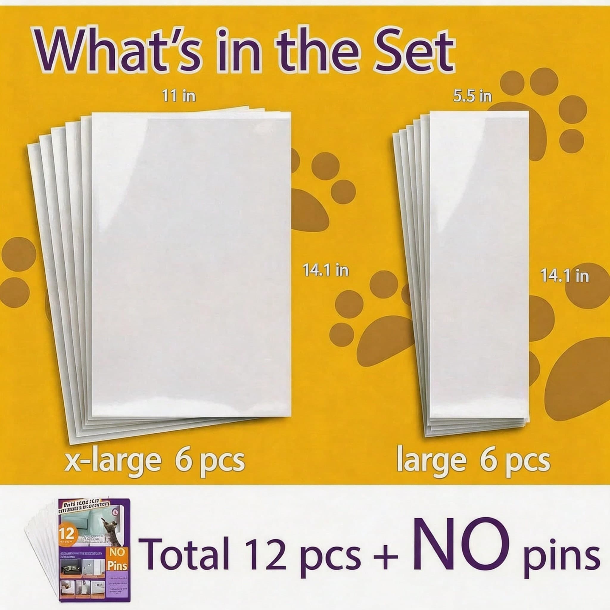Anti Cat Scratch Protector 12 Pack, 6 Sheets Of 279 358mm And 6 Sheets Of 140 358mm, Single Side Couch Protector, Self Adhesive Cat Tape, Clear Scratch Deterrent For Furniture & Doors, 12P, No Pins