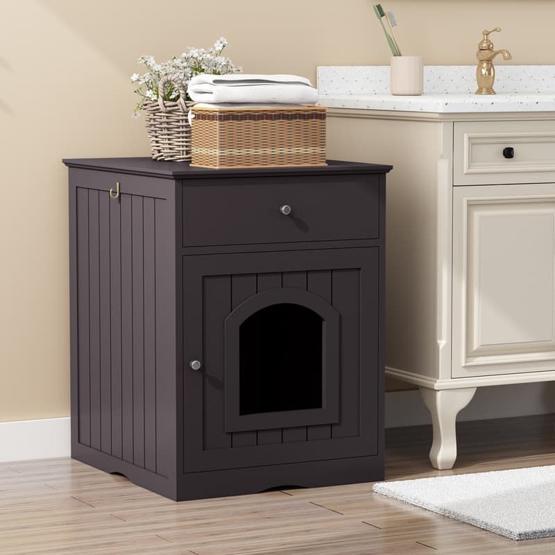 Black Wooden Cat Litter Box Enclosure W Drawer & Side Table, Indoor Pet Crate Nightstand For Home
