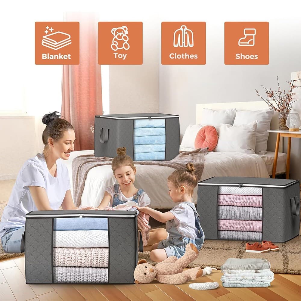 6 Pack 90L Storage Bags Zipped For Clothes, Bedding, Toys Packing Moving Box