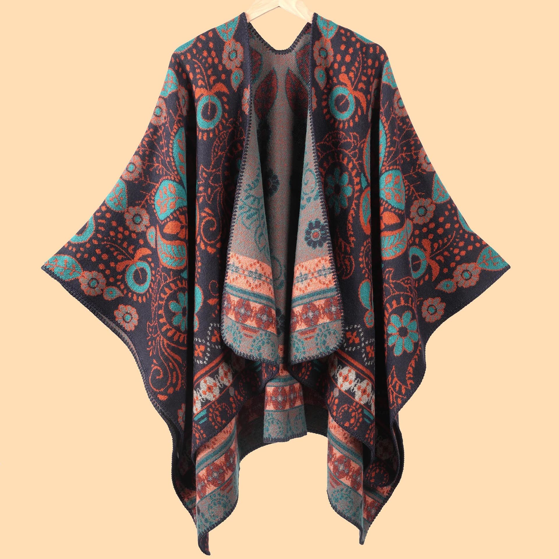Women's Vintage Cashew High Quality Jacquard Shawl, Thick Warm Outdoor Windproof Poncho For Autumn Winter