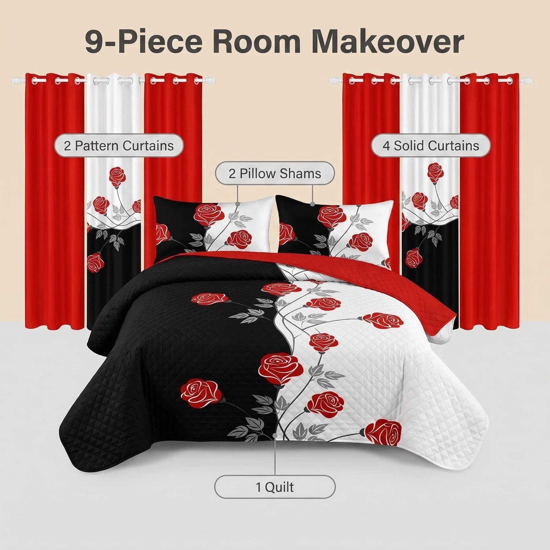 9-Piece Black and White Red Floral Quilt and Curtain Set, Reversible Microfiber Bedspread with 2 Pillow Shams and 6 Window Curtains, Queen, King and California King