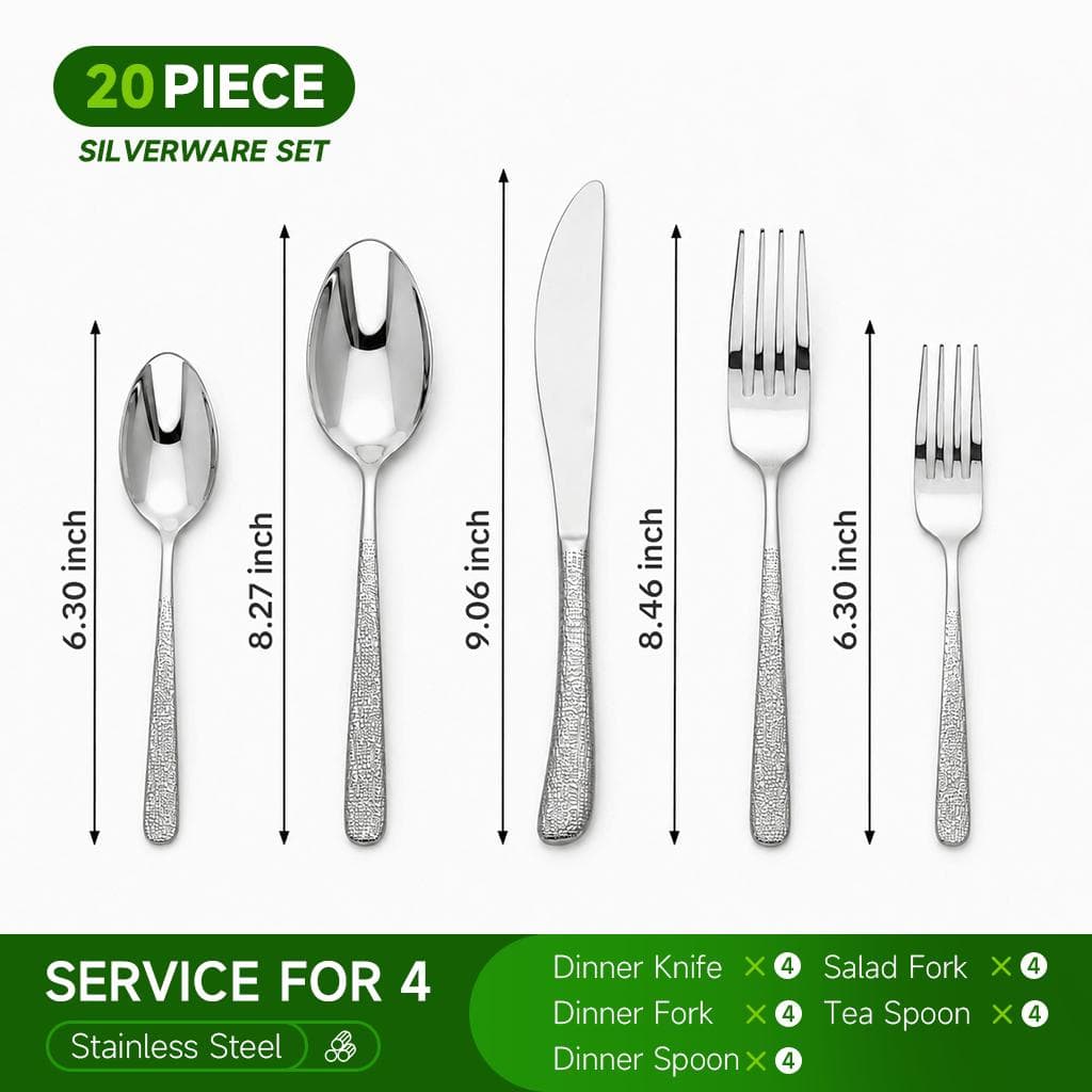 20-Piece Stainless Steel Flatware Set, Textured Grid Handle Silverware Set, Dinner Knives Forks Spoons Cutlery Set For Home Kitchen Restaurant,Self-pickup Only