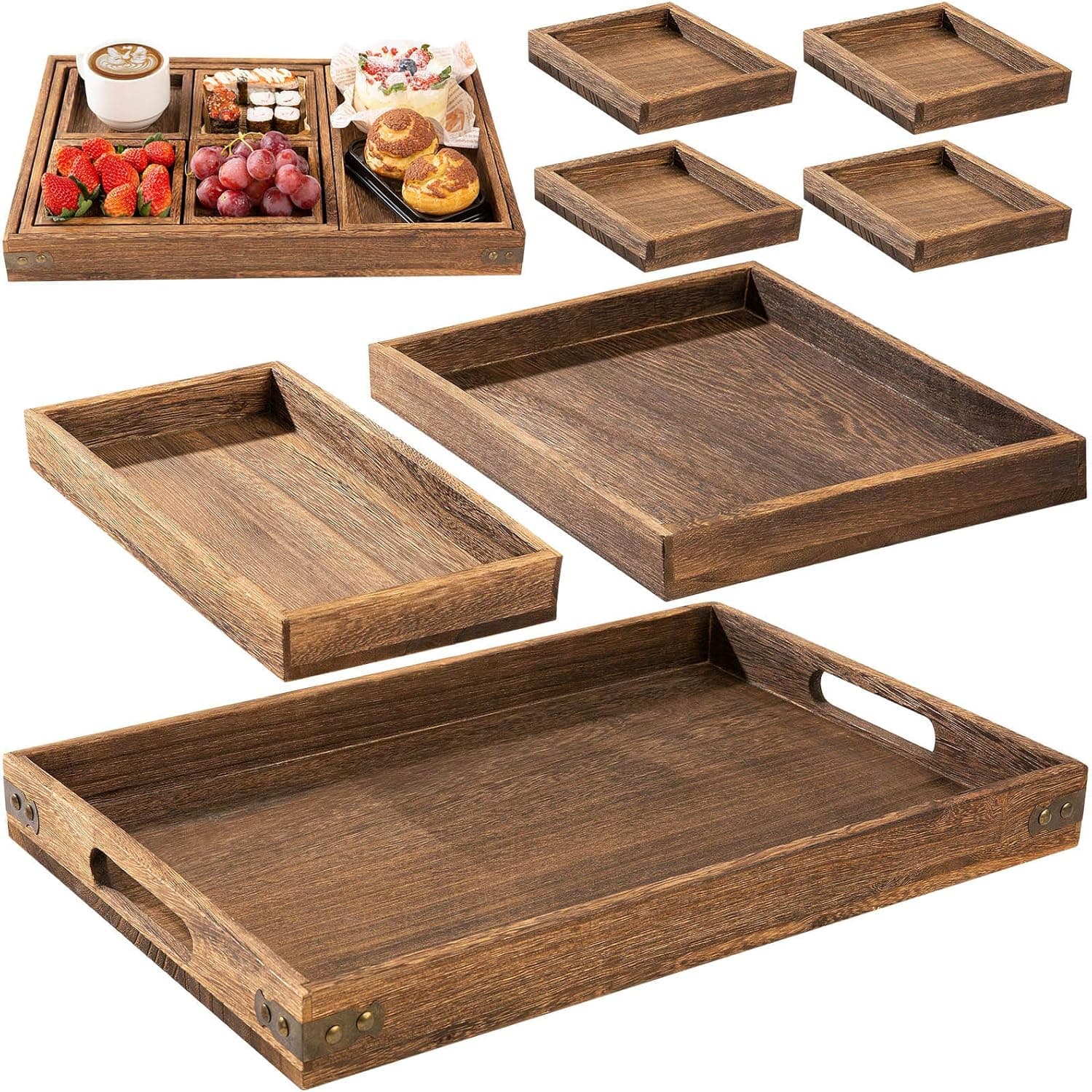 Rustic Wooden Serving Trays With Handles, Set Of 7 Rectangular Platters For Breakfast, Entertaining, Coffee Table & Home Decor