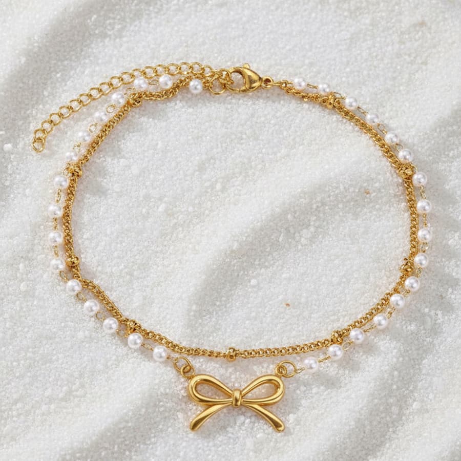 Women Double Layer Anklet Gold Tone Bow Knot Artificial Pearl Beaded Ankle Bracelet Adjustable Stainless Steel Dainty Summer Beach Foot Jewelry Gift For Ladies