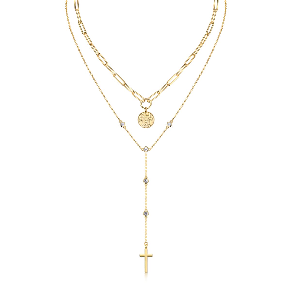 S925 Sterling Silver 0.1ct Moissanite Layered Necklace 14.4g Cross Coin Pendant Y-Necklace 40cm Gold Plated GRA Certified Gift Box