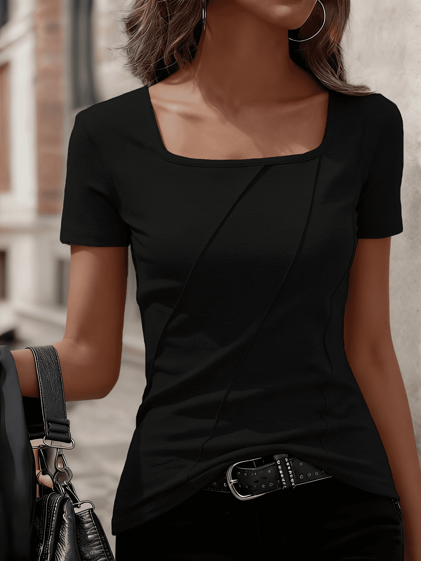 2026 Summer European And American Cross-border Foreign Trade Amazon Elegant Solid Color Women's Square-neck Short-sleeve T-shirts