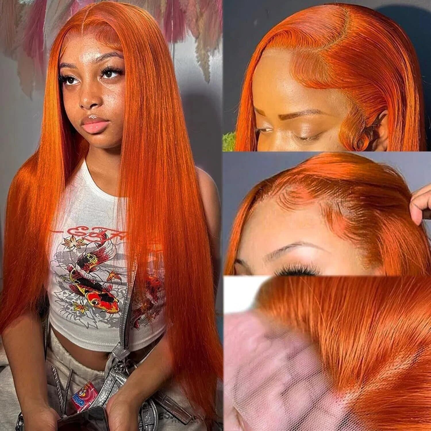 13x4 Straight Human Hair Lace Front Wig Ginger Yellow Density