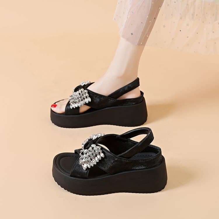 Women's Thick-Sole Height-Boost Breathable Single-Strap Slippers, Rhinestone New Summer 2026 Outdoor Soft Wedge Beach Slide Sandals