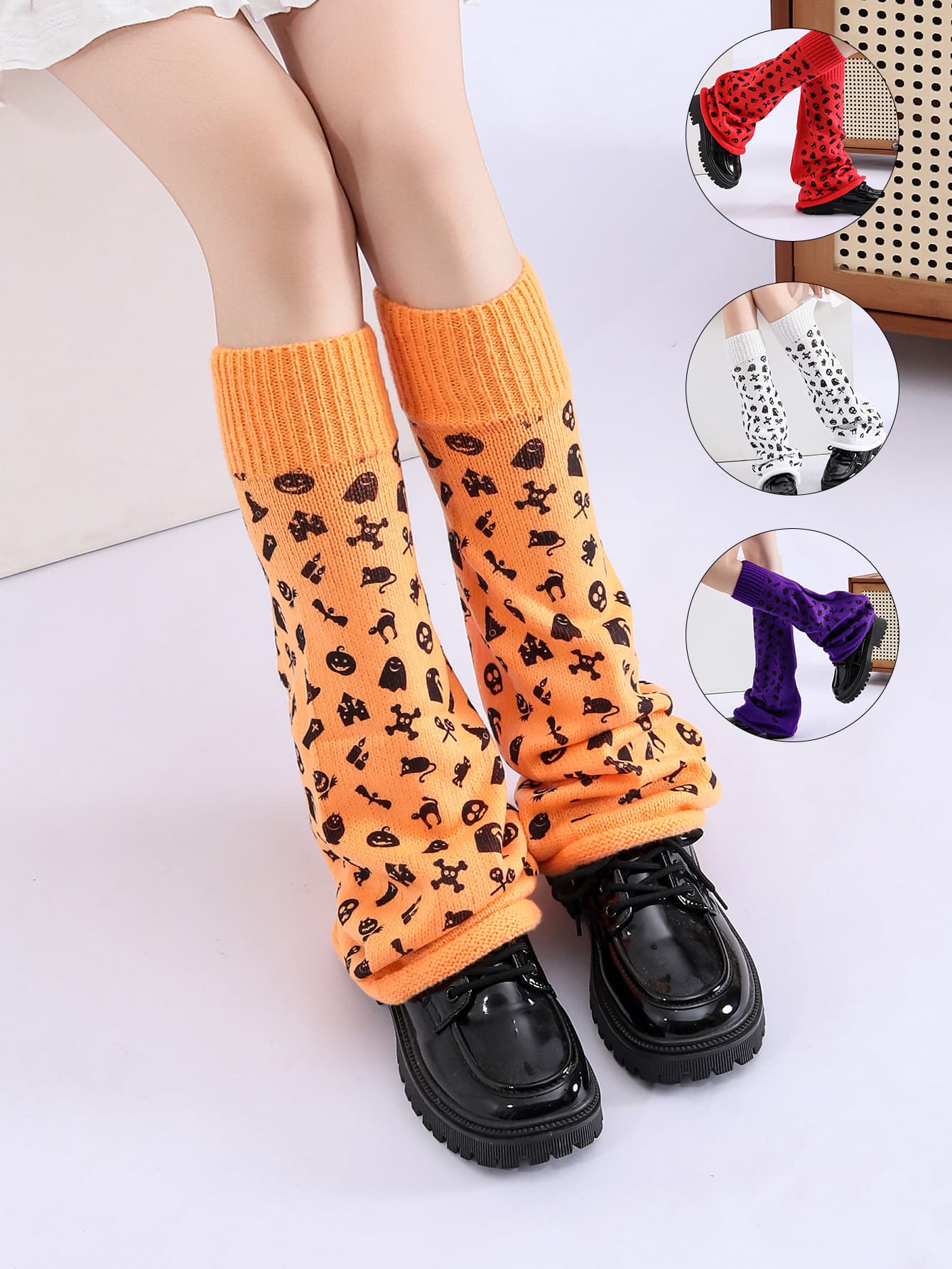 Women Girls Neon Halloween Print Knit Flared Leg Warmers Slouch Socks For Party Clubwear