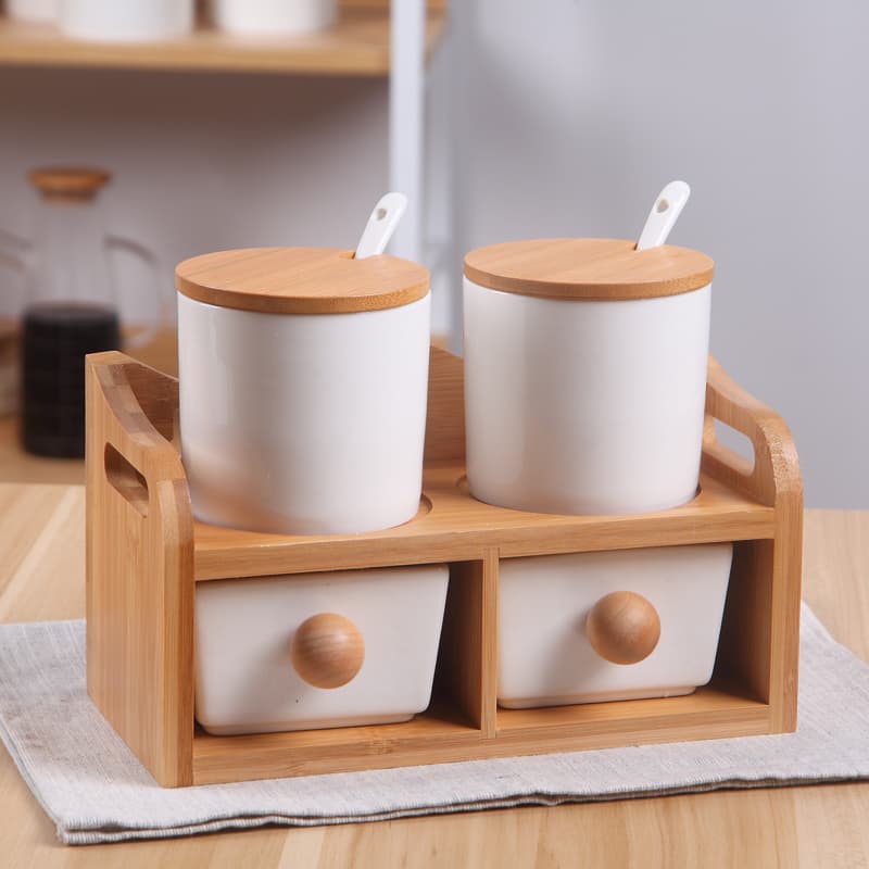 4pcs Ceramic Spice Storage Containers With Bamboo Stand