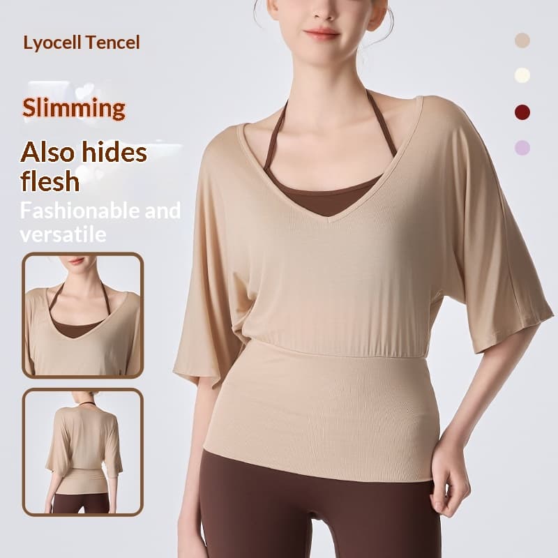 Women's Fitness Yoga Clothing, Fashionable Loose-fitting Short-sleeve T-shirt With Drape Effect, Waist-cinching Casual Style Top For Daily Wear