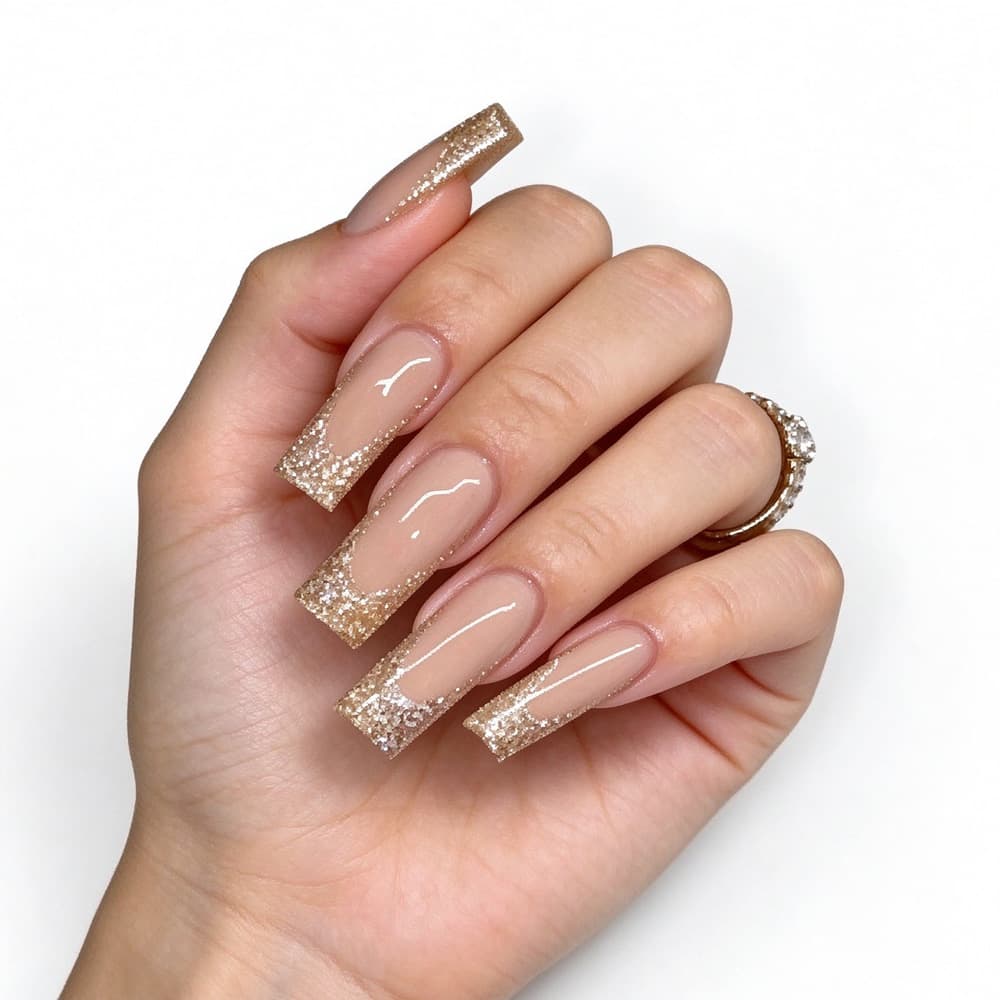 24Pcs Extra Long Square Golden Glitter French Press On Nails, Glam Shiny Metallic False Nails, Reusable Acrylic Stick On Nails For Wedding Party Daily Manicure