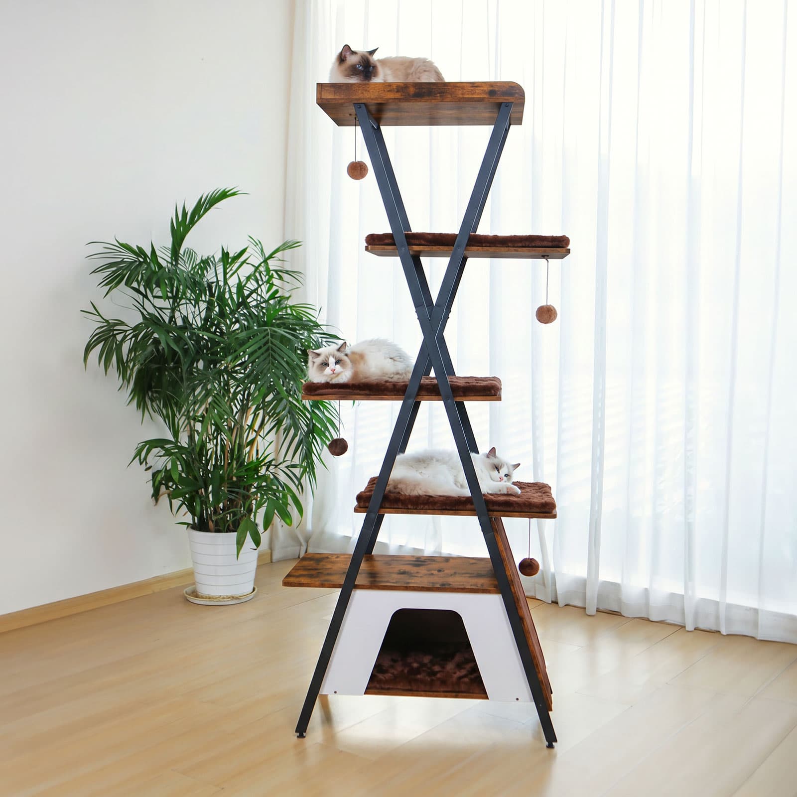73in Modern Cat Tower For Indoor Cats - Multi-Level Cat Tree With Scratching Posts, Caves, Large Perch & Removable Pads - Wooden Cat Furniture