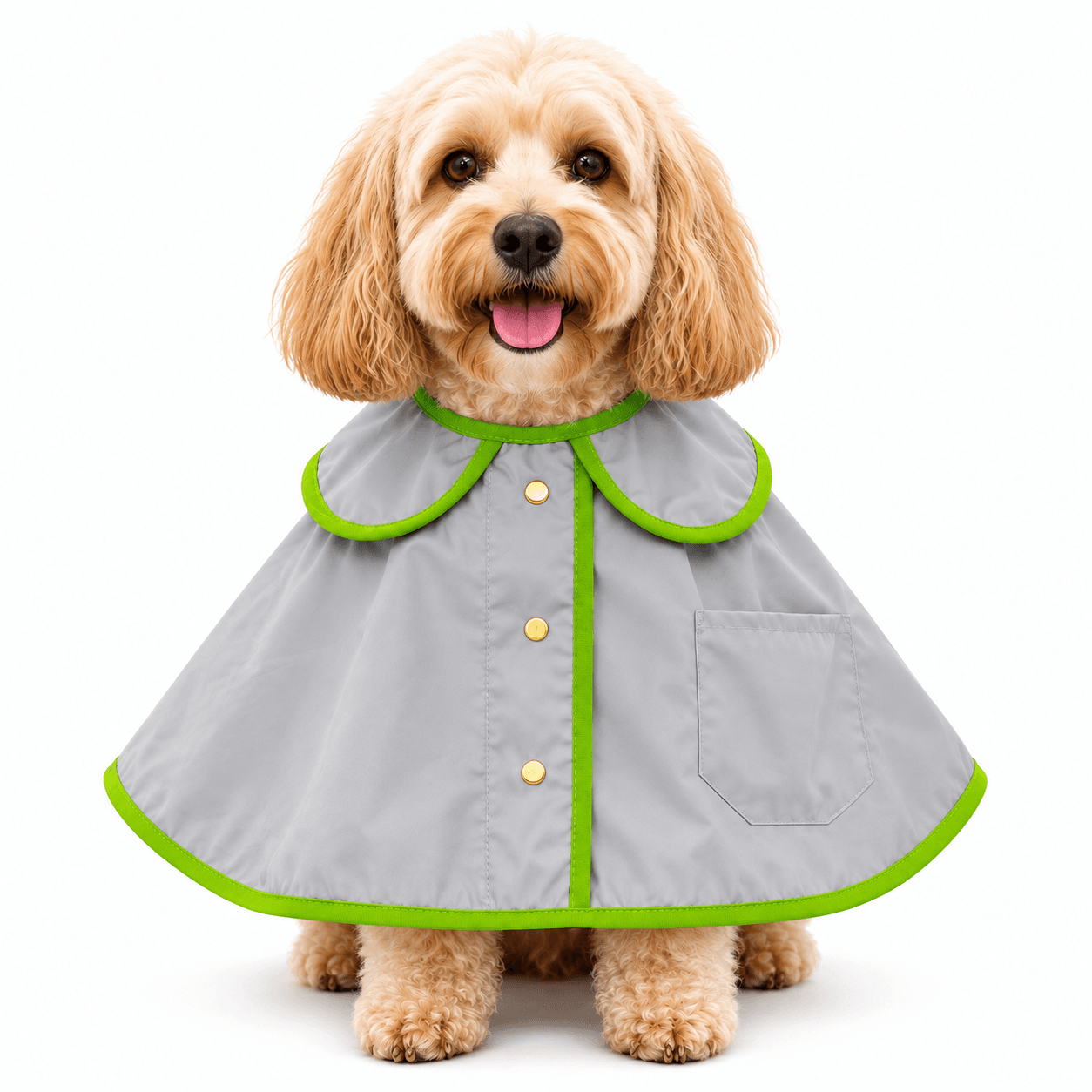 Grey Green Pet Grooming Cape Water Resistant Fur Repellent Dog Cape With Cute Collar Snap Button Closure Front Tool Pocket Adjustable Neck Band Full Coverage Lightweight Machine Washable For Trimming