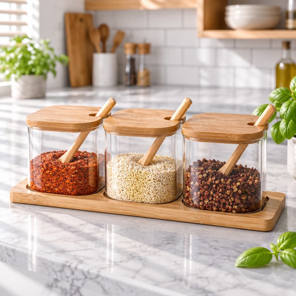 Square Glass Spice Jars Set Of 3 With Bamboo Lids, Spoons And Tray, Seasoning Containers