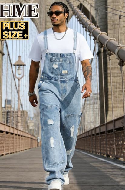 Distressed Denim Overalls Men Plus Size Big And Tall Light Wash Baggy Workwear Bib Overalls US Stock