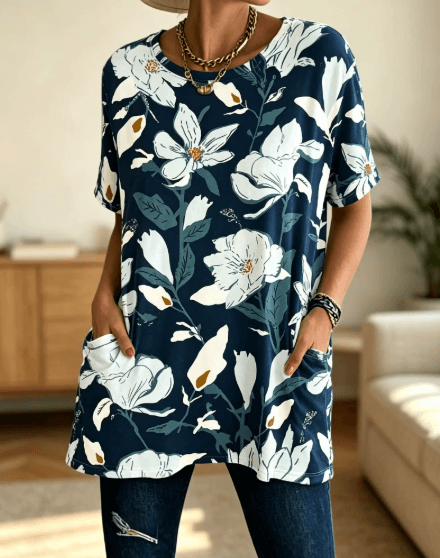 Navy Blue Magnolia Floral Print Short Sleeve Tunic With Pockets