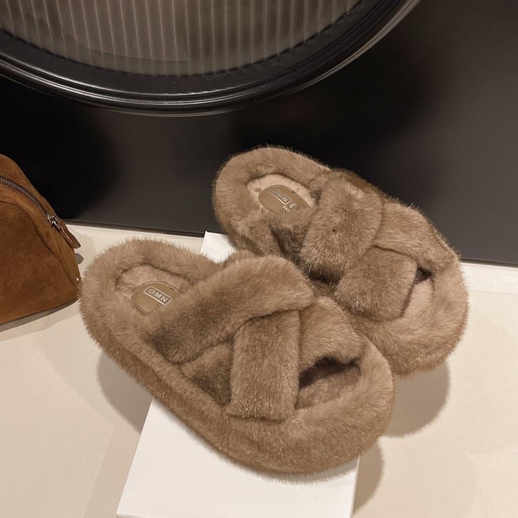 New Women's Plush Slippers CrossStrap Fluffy Slides, Warm Cotton Slippers For AutumnWinter Outdoor Wear