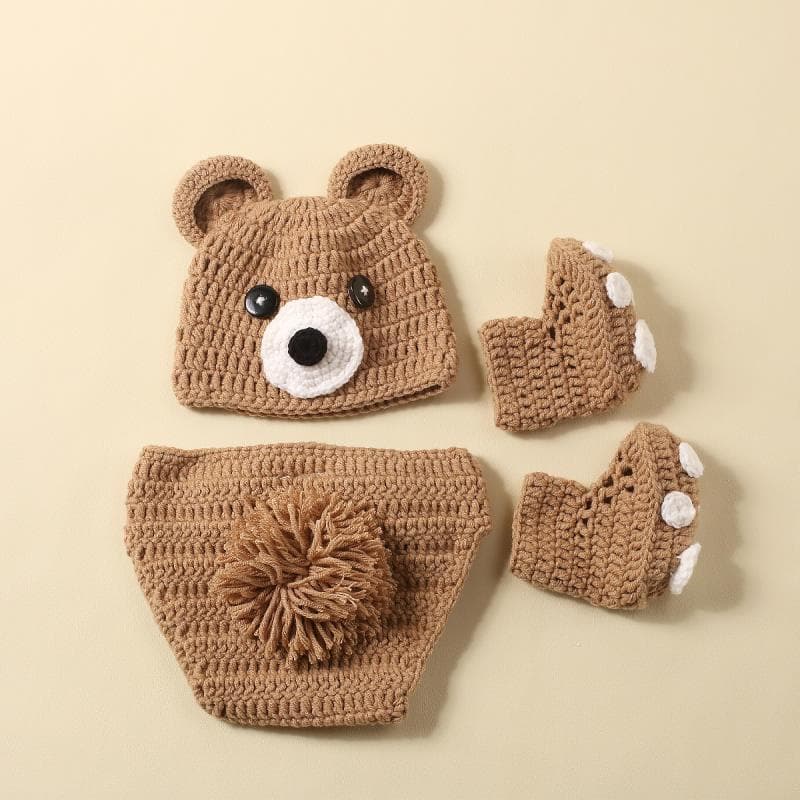 Hand Knit Newborn Bear Sweater Set, Handmade Crochet Baby Photo Prop Outfit For Studio Photoshoot