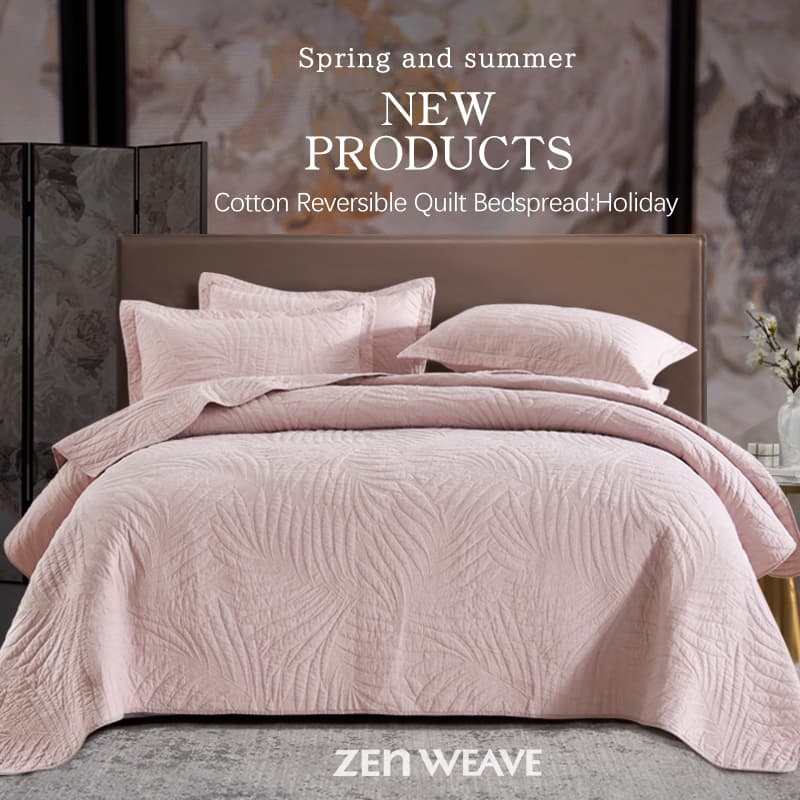 3D Computer Embroidery Leaf Pattern Beige Cotton Quilted Bed Cover Wide Edge Pillowcase Double Sided Pure Cotton Fabric Upgraded 230G High Weight Cotton Filling Eco-Friendly Printing High Temperature
