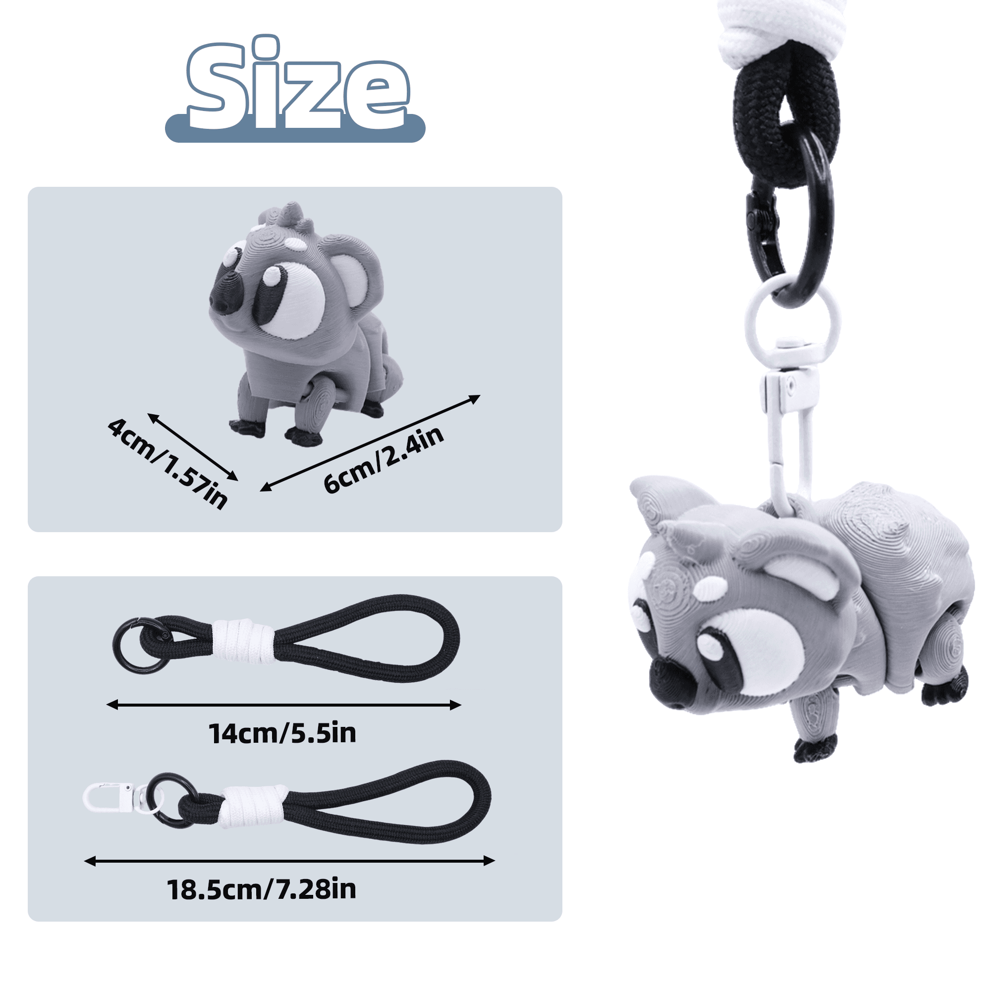 3D Printed Animal Keychain, Articulated Panda Raccoon Koala Bag Charm With Wrist Strap, Cute Portable Backpack Pendant Gift