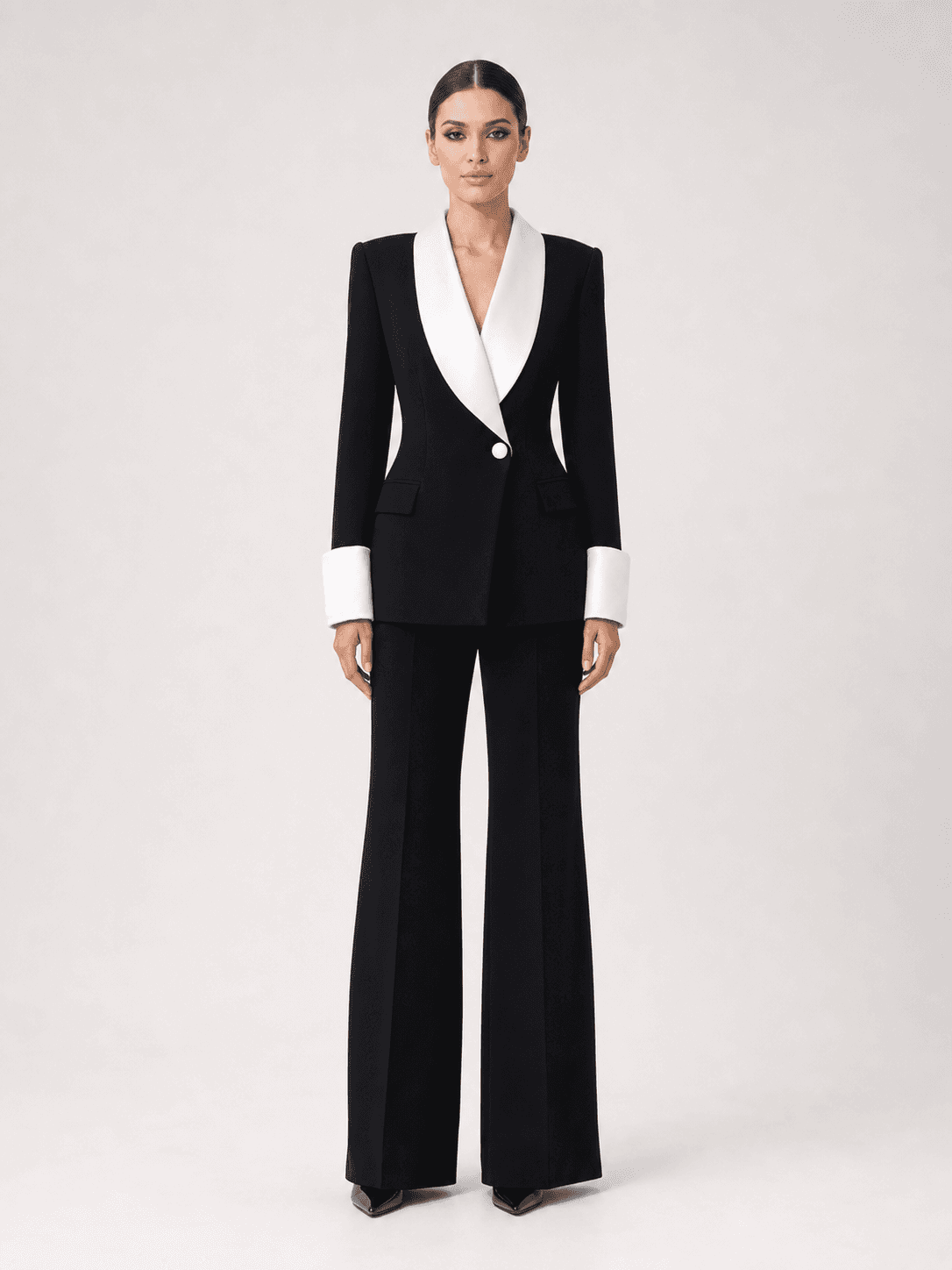 Black Contrast Satin Lapel Suit Two-Piece Set