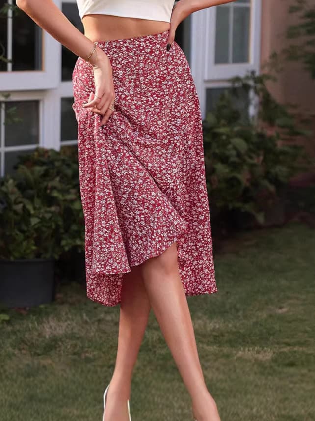 Women Ditsy Floral Midi Skirt High Waist A Line Flowy Ruffle Hem Casual Boho Skirt For Summer