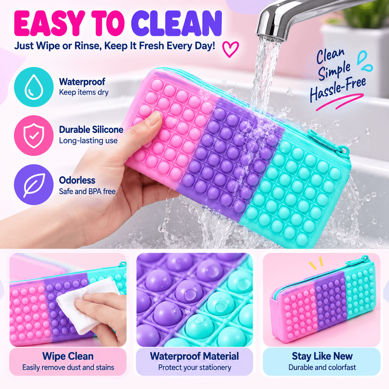 Silicone Pencil Case Large Capacity Fidget Pencil Pouch Color Block Zipper Stationery Bag For School