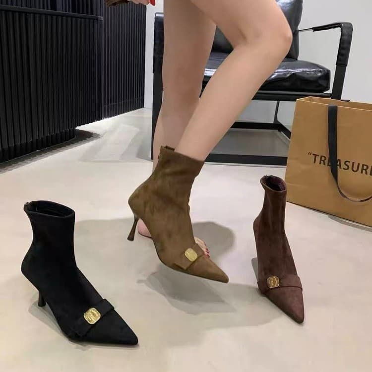 Women Black Pointed Toe High Heel Ankle Boots French Metal Buckle Elastic Slim Fit Booties Stiletto Heel Fall Winter Fashion Short Boots