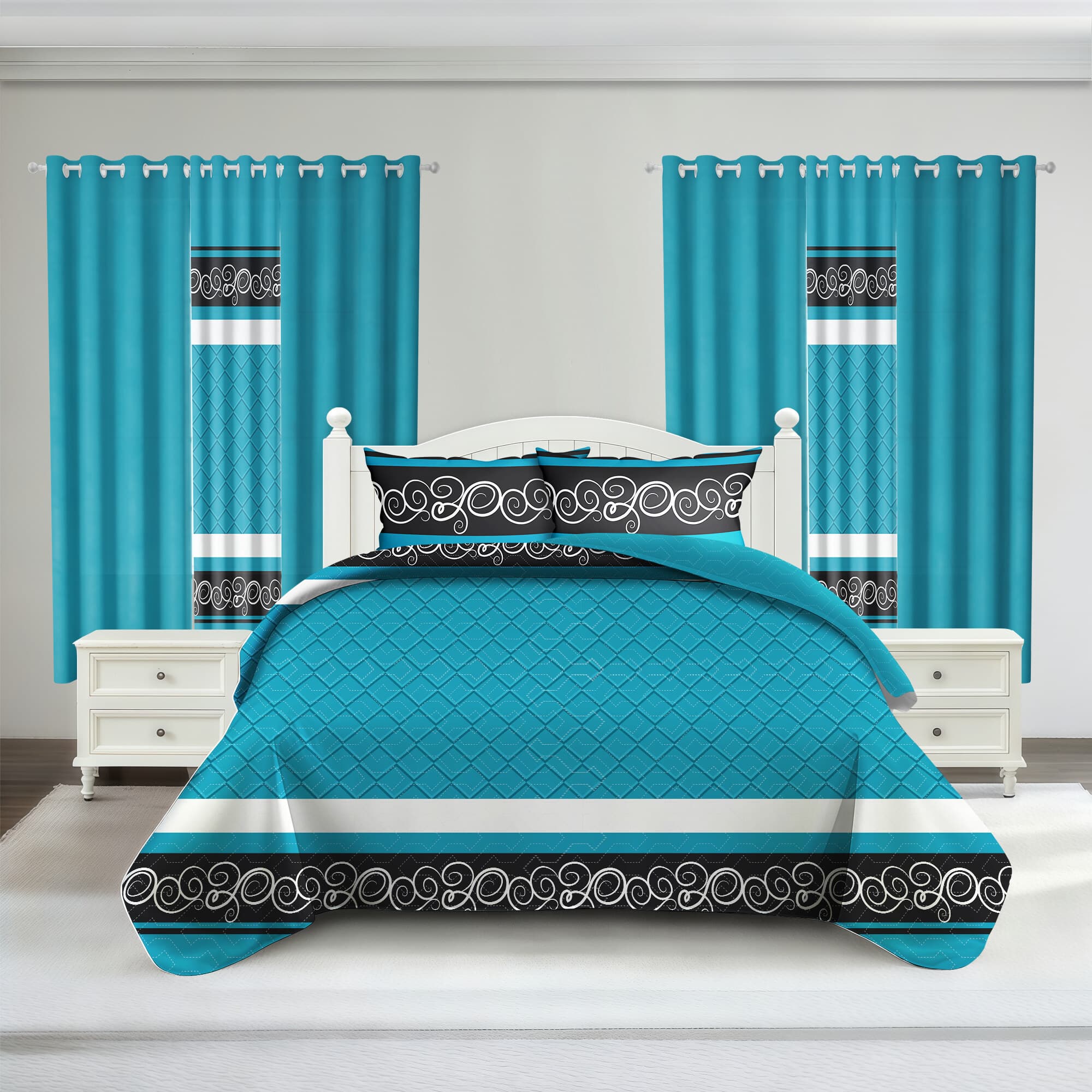 9-Piece Blue And Black Boho Quilted Bedspread Set With 6 Curtains And Pillowcases, Microfiber Bedroom Decor