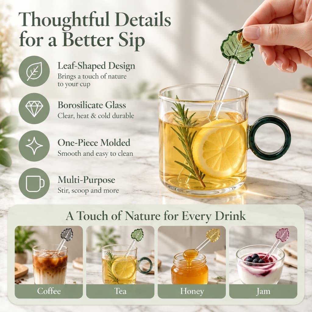 Leaf Heart Glass Stirring Spoon, Long Handle Stirrer For Coffee Tea Honey