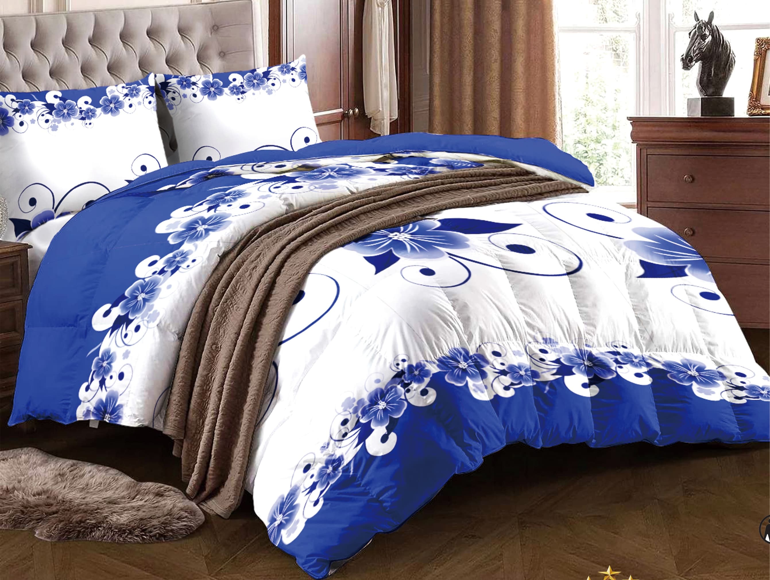 12-Piece Blue Floral Bedroom Set With Duvet Cover, Fitted Sheet, Pillowcases & Curtains, Microfiber