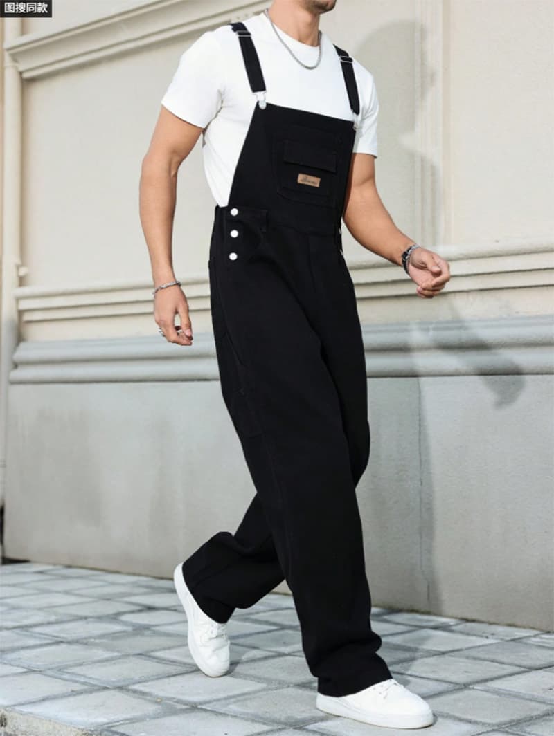 Black Denim Overalls Men Loose Straight Leg Bib Overalls Utility Workwear Jumpsuit US Ready Stock