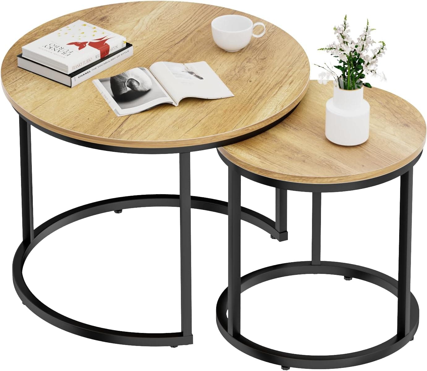 Smuxee Nesting Coffee Table Set Of 2, 23.6 Round Coffee Table Brown Wood With Adjustable Non-Slip Feet, Industrial End Table Side Tables For Living Room Bedroom Balcony Yard