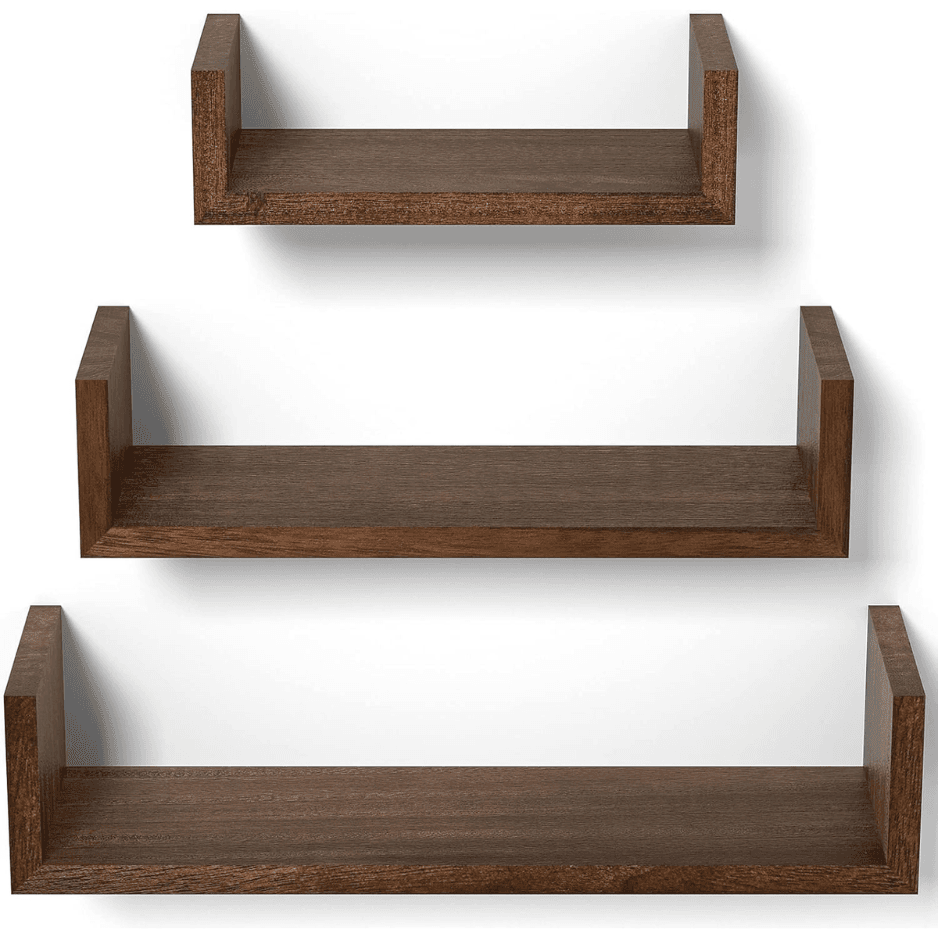 Dark Brown Floating Shelves, Set Of 3 Wood Wall Mounted Shelves