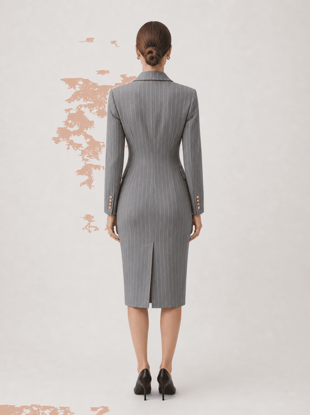 Grey Pinstripe Double-Breasted Blazer Midi Dress