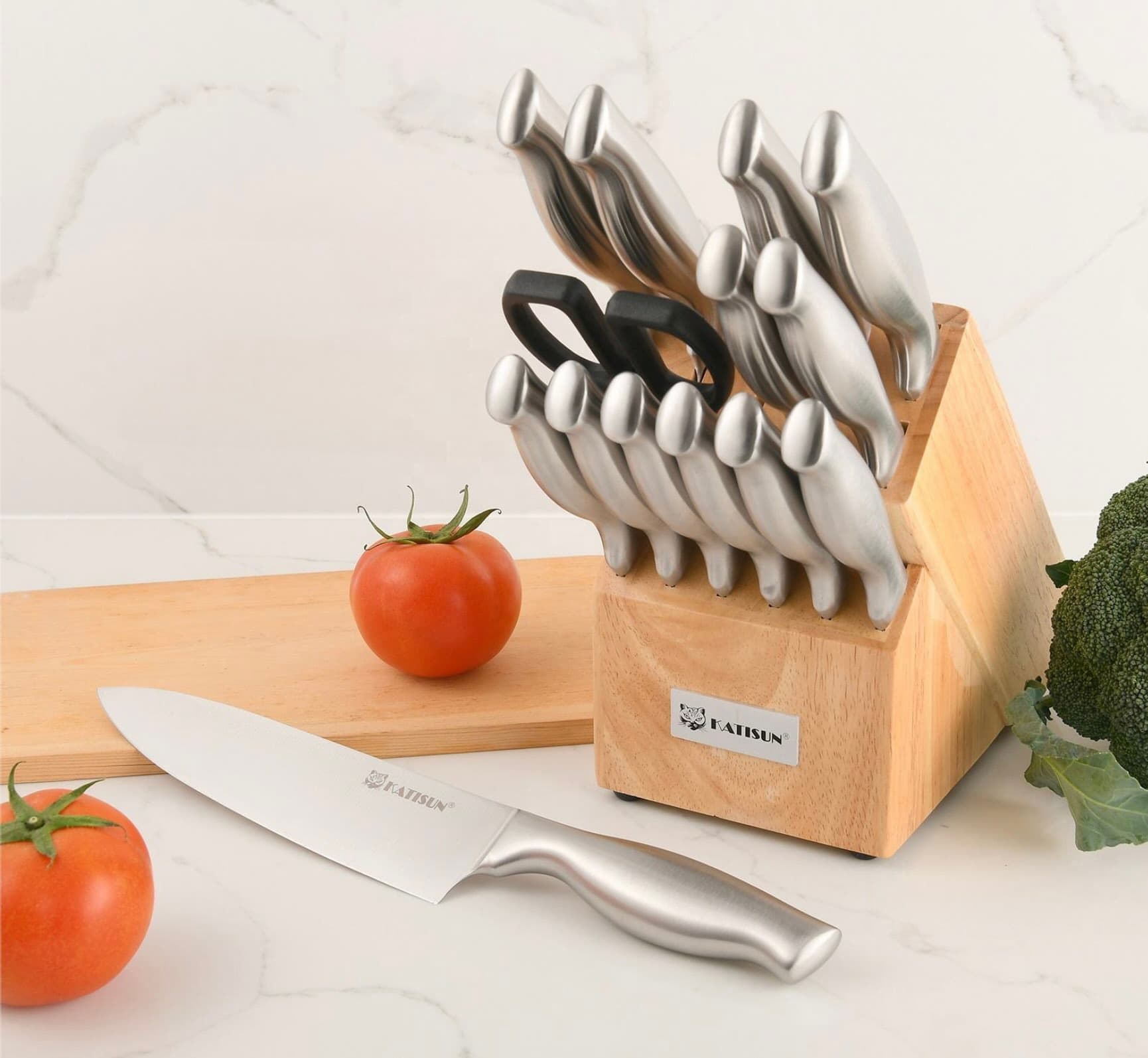 15 Pieces High Carbon Stainless Steel Chef Cutlery Set, Ergonomic Hollow Handles, Wooden Knife Block, Custom Bulk Orders