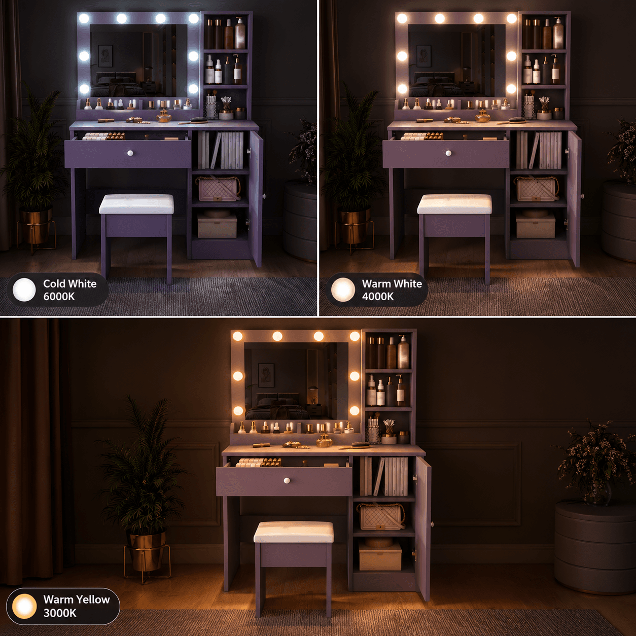 Purple Vanity Desk Set With Lighted Mirror & Padded Stool, Modern Makeup Vanity With 3 Color Modes For Bedroom Dressing Table Combo OLFC0025