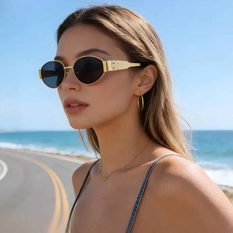 Women's Stylish Oval Metal Driving Sunglasses With Sun Protection